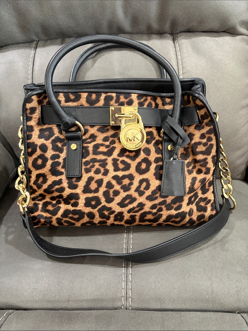 Michael Kors Leopard Print Satchel with Black Trim and Gold Hardware